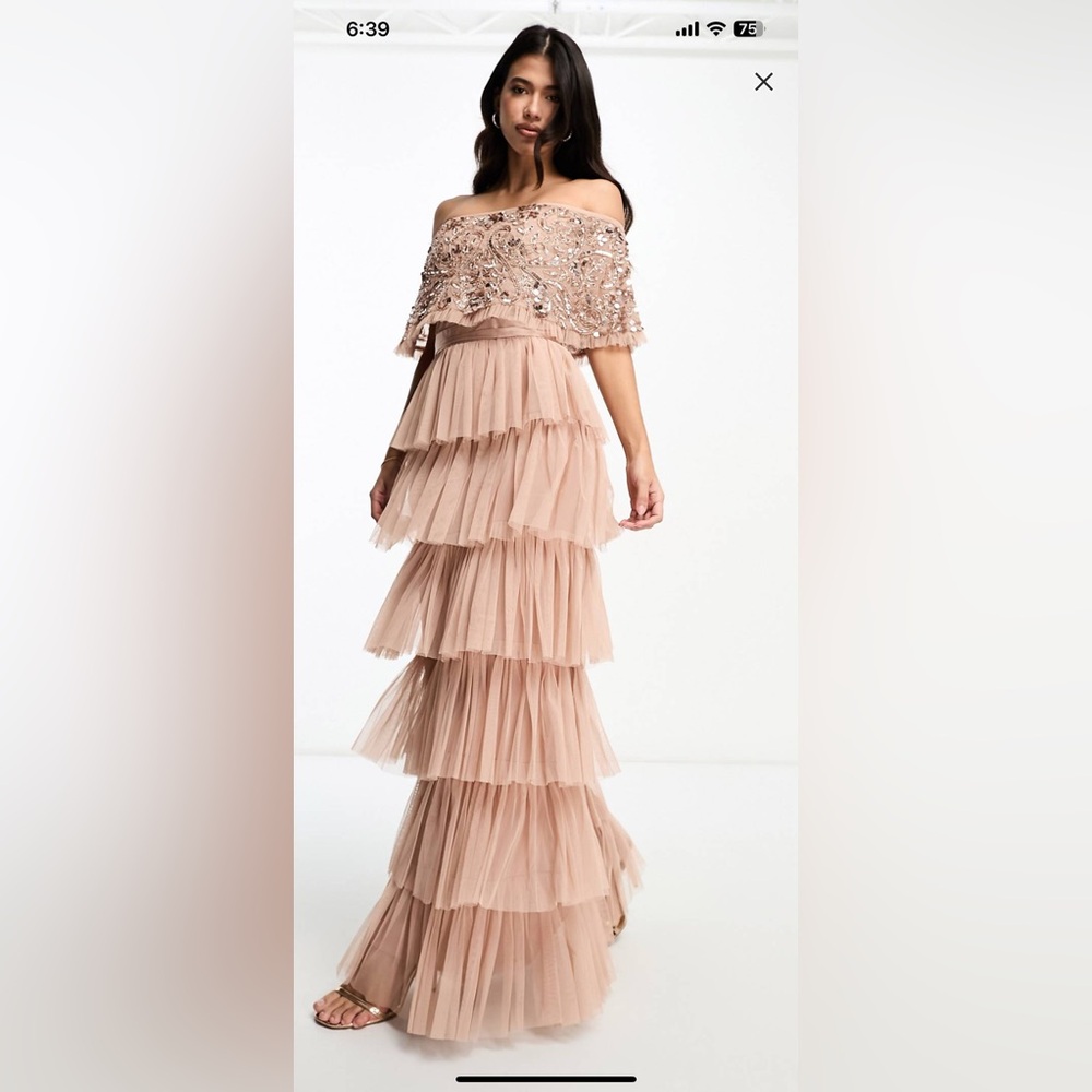 ASOS Beauut Bridesmaid bardot tiered maxi dress in taupe brown